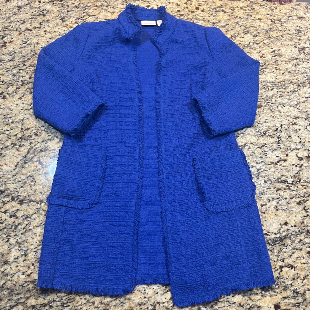 Chicos Blue‎ Boucle Fringe Open Front Longline Cardigan Jacket Size 0 S Cobalt